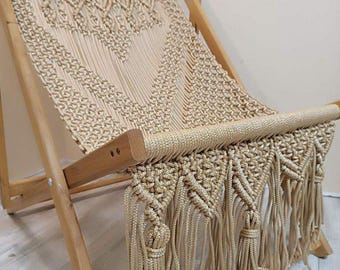 Chaise Lounge Macrame Deck Chair Outdoor Sun Lounger Foldable Lounge Chair Sling Back Beach Chair Outdoor Furniture Premium Polyester Cord