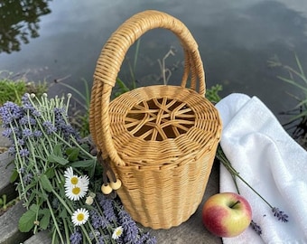 Handmade Wicker Basket with Lid, 8*9*14.6 in, Basket Bag, Market, Picnic, Harvest