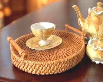 Handmade Round Wicker Tray with Wooden Handles - 11, 12 in Serving Tray