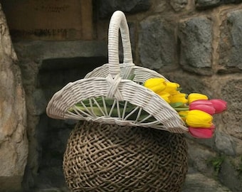Handmade Wicker Flower Gathering Basket with Handle, 14 in, Bouquet Holder, Flower Trug