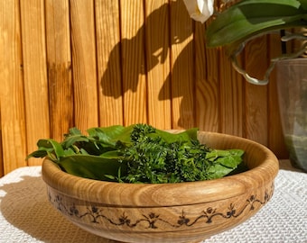 Hand Carved Wooden Bowl: 7.7 in Floral Ornament, Rustic Farmhouse Decor