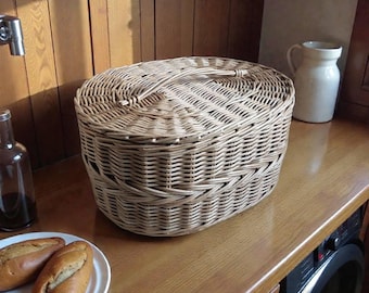 Cesto de armazenamento em vime trançado à mão com tampa, 37 x 28 cm: Organizador para cozinha, pão, banheiro e costura.