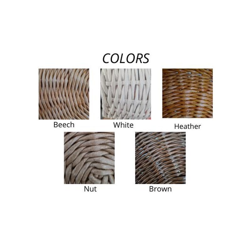 May include: A color chart titled COLORS displaying five woven wicker textures labeled Beech, White, Heather, Nut, and Brown. Each square shows a close-up of the material pattern in its respective shade, ranging from light beige to dark brown.