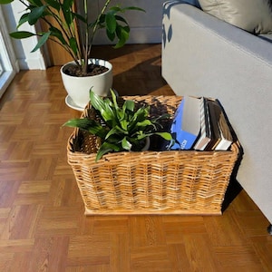Pode incluir: Uma cesta retangular de vime castanho claro com uma pequena planta em vaso e livros. A cesta está sobre um chão de madeira. Uma planta em vaso maior é visível ao fundo.