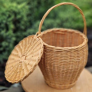May include: A light brown woven wicker basket with a round base, a tapered body, and a single arched handle. The basket features a matching circular woven lid that is attached to the rim and rests beside the open top of the container.