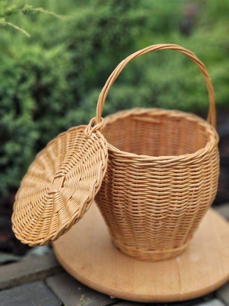 May include: A light brown woven wicker basket with a round base, a tapered body, and a single arched handle. The basket features a matching circular woven lid that is attached to the rim and rests beside the open top of the container.
