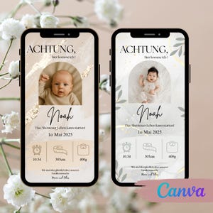 Annuncio di nascita digitale, annuncio di nascita di una bambina o di un bambino, modello di biglietto di nascita Canva, e-card di annuncio di nascita WhatsApp, modello di dati di nascita