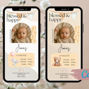 Anuncio de nacimiento digital, anuncio de nacimiento de niña o niño, plantilla de tarjeta de nacimiento Canva, tarjeta electrónica de anuncio de nacimiento WhatsApp, plantilla de datos de nacimiento
