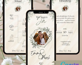 eCard wedding invitation for Whatsapp eucalyptus, personalizable digital save the date invitation green floral leaves, wedding ceremony