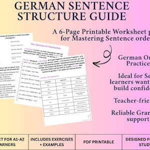 German Sentence Structure I Word Order Worksheet Pack for A1-A2 Learners I 6 Page Printable Grammar PDF with Practice Exercises