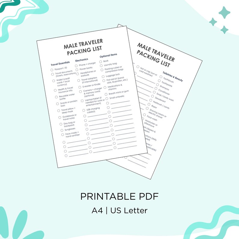 Men's Travel Packing List: Editable PDF Checklist (digital Download - Etsy