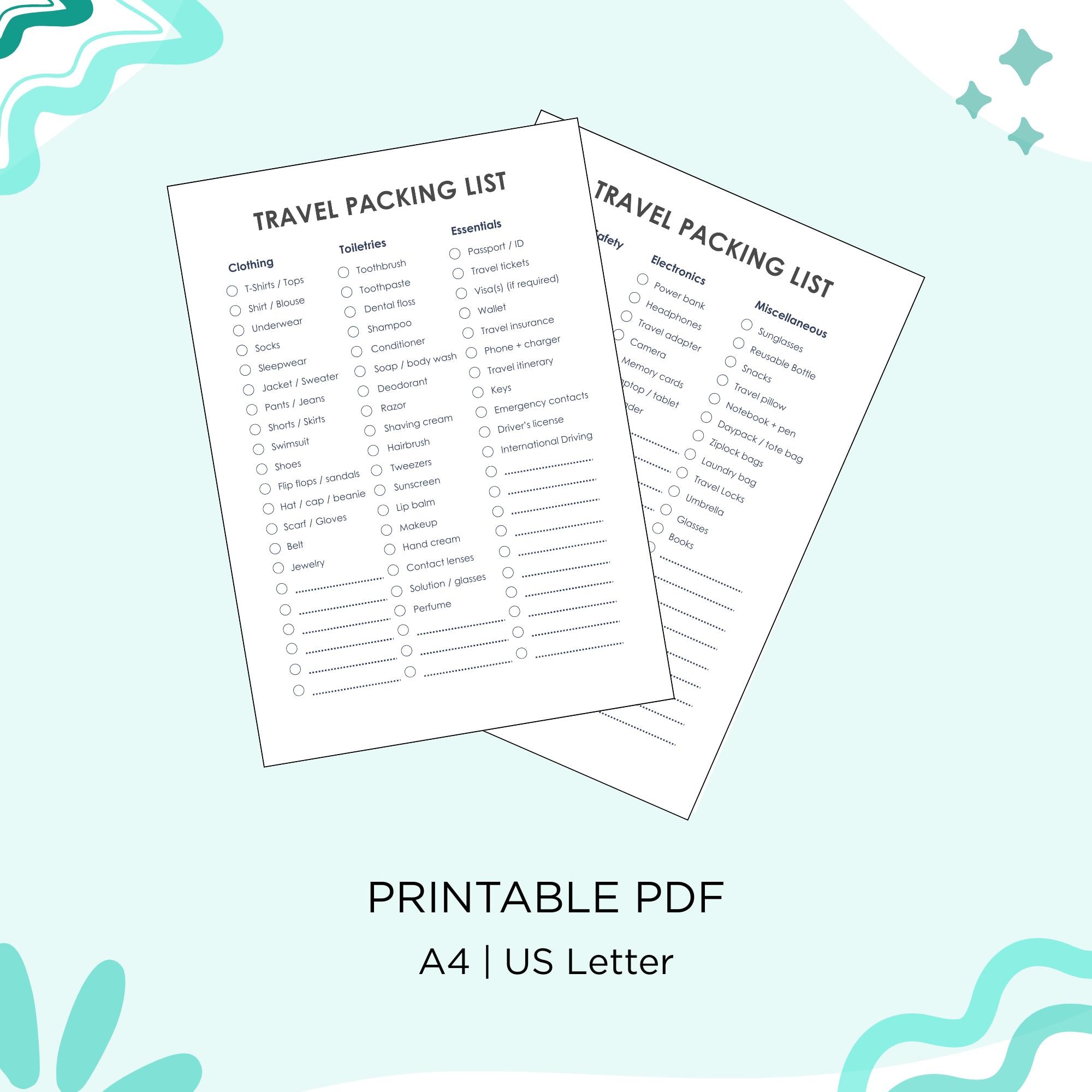 Travel Packing List | Checklist | Essentials | Printable & Editable - Etsy