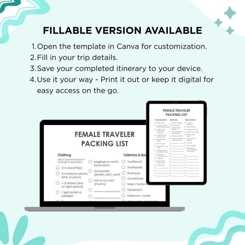 Female Traveler Packing List: Editable Travel Checklist (digital ...