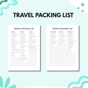 May include: Two white travel packing list templates with the title "TRAVEL PACKING LIST" in black. The lists are divided into categories like clothing, toiletries, essentials, health & safety, electronics, and miscellaneous items.