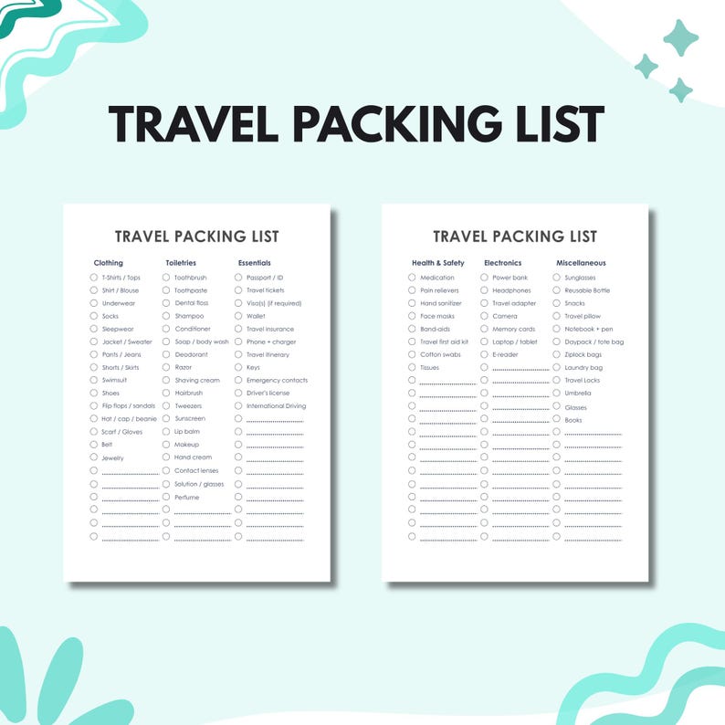 Travel Packing List | Checklist | Essentials | Printable & Editable - Etsy