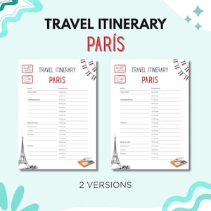 May include: Two travel itinerary sheets for Paris, featuring the Eiffel Tower and French flag accents. The sheets have sections for date, location, schedule, top priorities, meal plans, and notes. The text reads "Travel Itinerary Paris" and "2 Versions."