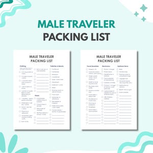 May include: Two white packing list sheets titled "Male Traveler Packing List" with checklists for clothing, toiletries, travel essentials, and electronics. The lists include items like shirts, shoes, passport, and phone charger.