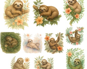 10 Watercolor Sloth Clipart Bundle, Tropical Flowers PNG Set, Cute Jungle Animal Art for Nursery Decor Crafts Transparent
