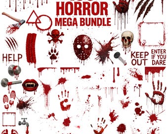 Horror Clipart Mega Bundle | Blood Splatter Dripping, Bloody Handprint, Skulls, Masks & Creepy Graphics | Halloween PNG Digital Download