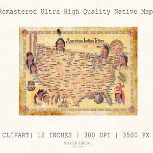 May include: A vintage-style map of the United States, labeled "American Indian Tribes." The map features illustrations of Native American figures and tribal territories. The map is 12 inches in size.