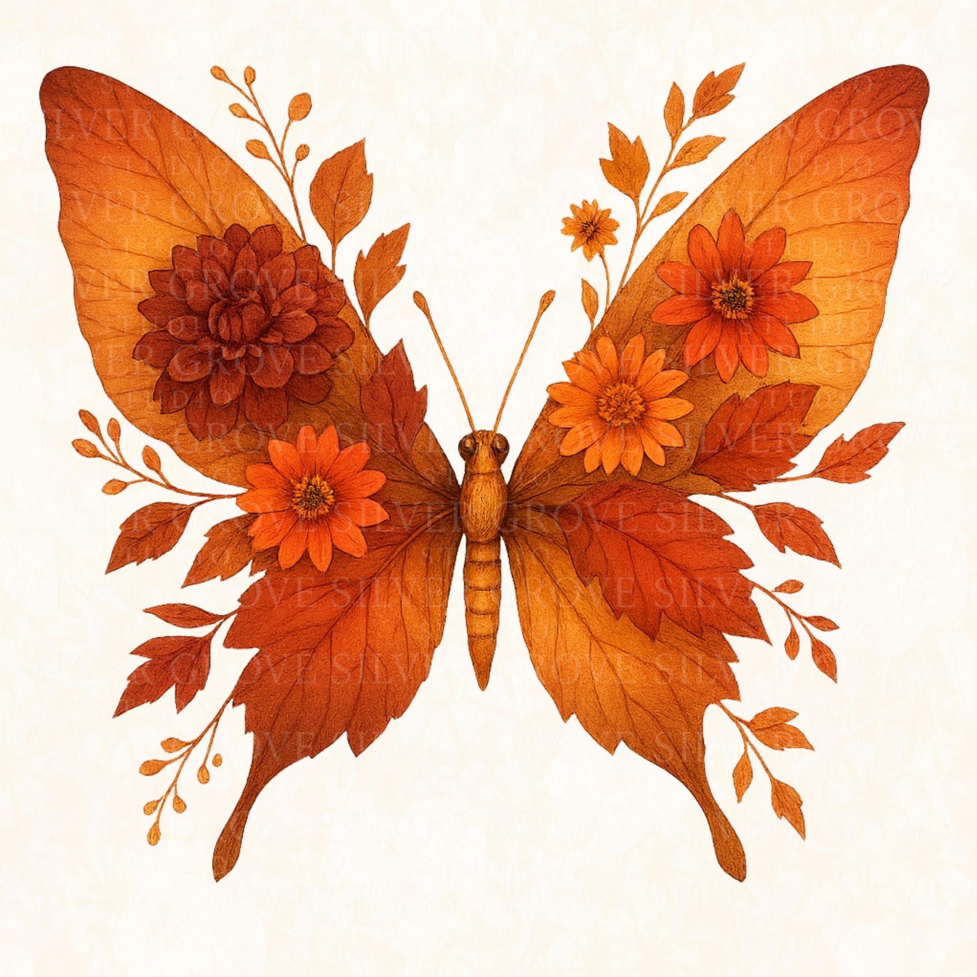 Fall Butterfly Clipart: Watercolor Autumn Floral Wings (digital ...