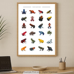 May include: A framed print featuring a collection of colorful poison dart frog illustrations. The print includes various frog species in shades of red, blue, yellow, and green. The text "POISON DART FROGS" is at the top. The print is a digital download.