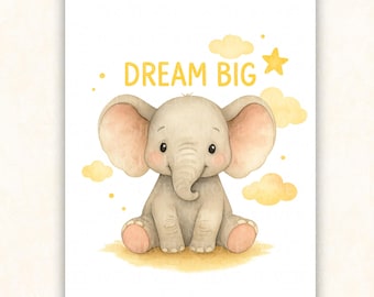 Elephant Nursery Print: Dream Big Watercolor Safari Art (Digital Download)