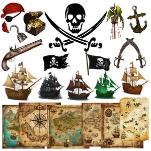 Puede incluir: Colección de ilustraciones con temática pirata. Incluye barcos piratas, mapas del tesoro, calaveras y tibias cruzadas, espadas, un loro, un ancla, un cofre del tesoro, una pistola, un garfio y una bandana roja.