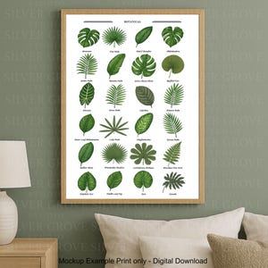 May include: A framed botanical print featuring a collection of detailed illustrations of various tropical leaves. The print includes the word "Botanical" at the top and the text "Mockup Example Print only - Digital Download" at the bottom. The leaves are in shades of green.