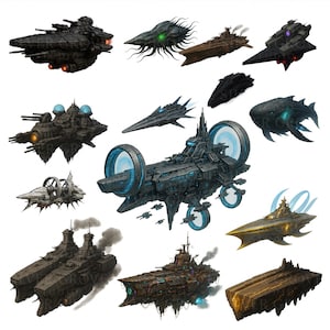 以下が含まれることがあります： グレー、黒、茶色の様々な未来的な宇宙船のデザインのコレクション。 一部の船は青または緑色の光るアクセントがあり、他の船は複雑な機械的詳細と煙突を備えています。 この画像は、さまざまなSF宇宙船を紹介しています。