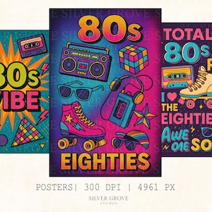 5 80s Retro Wall Art Poster Set – Neon Eighties Digital Prints, Vaporwave Roller Skates Cassette Decor, 300 DPI Instant Download