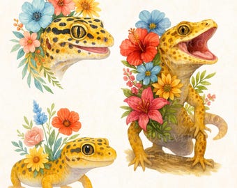 Floral Leopard Gecko Watercolor Clipart: Reptile Art PNGs (Digital Download)