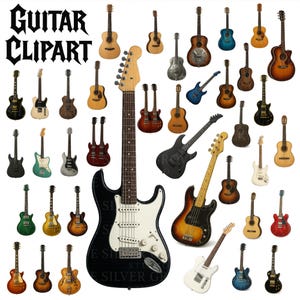 Könnte beinhalten: Eine Sammlung verschiedener Gitarren, darunter Akustik-, E- und Bassgitarren. Das Bild zeigt eine schwarz-weiße E-Gitarre im Vordergrund, mit dem Text "GUITAR CLIPART" oben. Die Gitarren sind in verschiedenen Farben und Stilen.