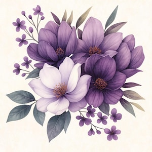 10 Lila und Weiß Floral Clipart Bundle - Aquarell Blumenstrauß PNGs, violette botanische Illustration, sofortiger digitaler Download