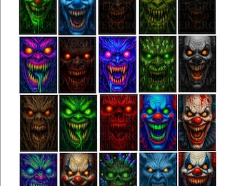 Neon Horror Clipart: Scary Clown & Monster Faces (Digital Download PNGs)