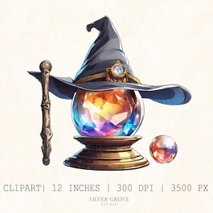 Lot de 5 cliparts sorcier magique | Livre de sorts fantastiques, chapeau de sorcier, baguette magique, globe de cristal PNG