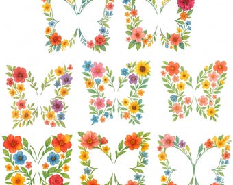 8 Floral Butterfly Clipart Bundle, Watercolor Wildflower PNG Set, Boho Botanical Nature Clipart, Digital Download