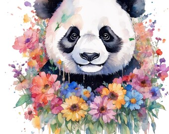 Floral Panda Watercolor Clipart: Boho Nursery Art (Digital Download PNG Bundle)