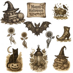 Vintage Gothic Halloween Clipart: Witch, Pumpkin, Bat PNG Bundle (Digital Download
