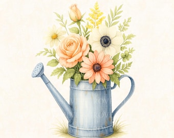 Watering Can Clipart Bundle | Watercolor Floral PNGs for Spring Crafts and Wedding Decor