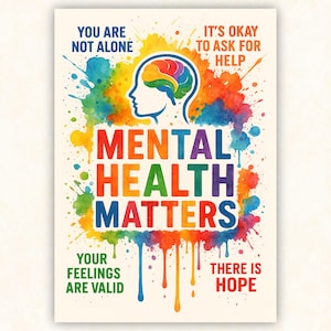 May include: A poster with a watercolor design and the words "Mental Health Matters." The poster features a blue outline of a head with a colorful brain, surrounded by paint splatters in various colors. Text includes "You are not alone," and "It's okay to ask for help."
