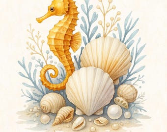 Pacchetto di clipart di conchiglie / PNG di acquerelli dell'oceano con granchio, cavalluccio marino e stella marina