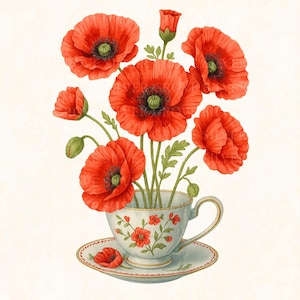Ensemble de 10 cliparts tasses à thé pavot rouge aquarelle vintage floral tasse à thé bouquet PNG illustration de fleurs botaniques – téléchargement numérique de haute qualité