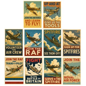 May include: A collection of vintage-style posters featuring World War II-era fighter planes. Each poster has a different design, with text such as "Join the Air Force" and "Volunteer for Air Crew" in bold, patriotic colors.