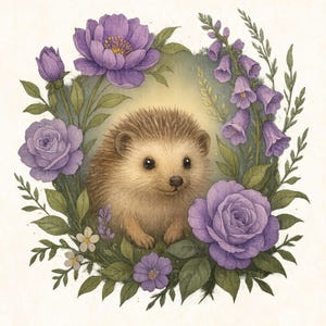 Lot de 5 cliparts pour bébés des bois pour chambre d'enfant : lapin, renard, cerf, hérisson et oiseau avec couronnes de fleurs lavande | Animaux de la forêt mignons PNG