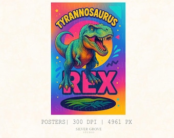 4 pósteres de dinosaurios para pared para habitación infantil: pósteres imprimibles para niños, decoración infantil de dinosaurios: estegosaurio, tiranosaurio rex, triceratops y raptor.