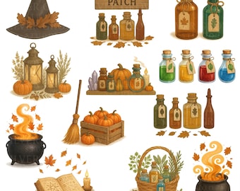 Witchy Autumn Clipart Set: Halloween Potion Bottles, Cauldron PNGs (Digital Download