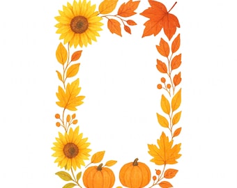 Herfst aquarel rand clipart: pompoenen, zonnebloemen, bladeren (digitale download)