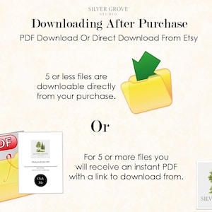 May include: An informational graphic from Silver Grove Studio about downloading digital files after purchase. The image includes a yellow folder with a green arrow, a PDF icon, and a card with a logo and the words "Click Me".