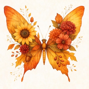 May include: Watercolor illustration of a butterfly with orange and yellow wings, adorned with sunflowers, red flowers, and autumn leaves. The butterfly's body is a warm brown color, and the overall design evokes a fall theme.
